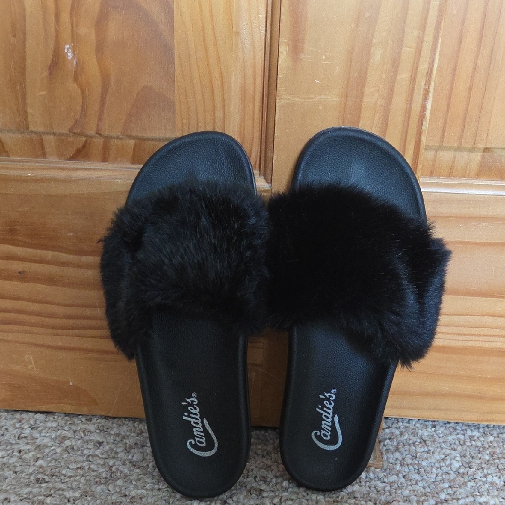 Candie's Plush Black Fur Slippers